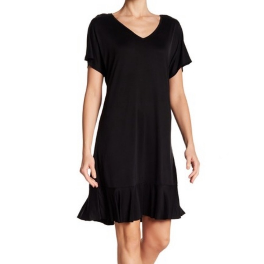 Ecru Black Shift Dress with Ruffle Hem